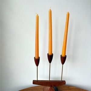 Mid Century Modern Danish Wooden Teak Candle Holder with Brass Accents Vintage